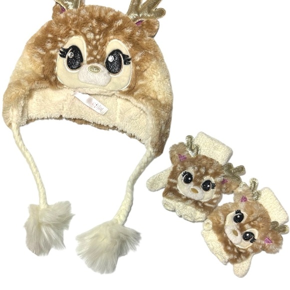JUSTICE Girl's Deer Earflap Beanie Hat with Matching Gloves Set Cream One Sz EUC - Picture 2 of 15